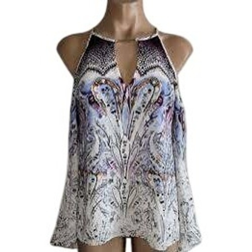 White House Black Market Cold Shoulder Top 4P‎ Blue Paisley